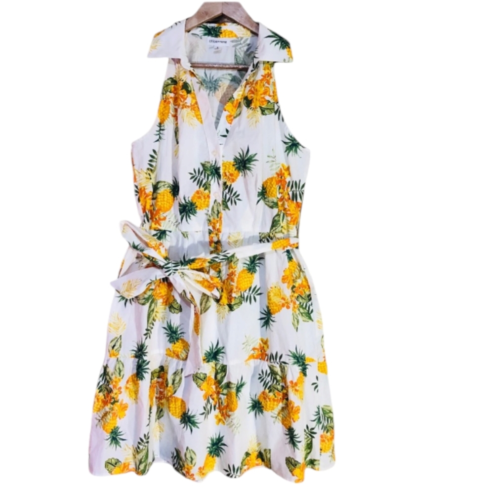 Chloe & Rene sleeveless collared pineapple fruit print dress